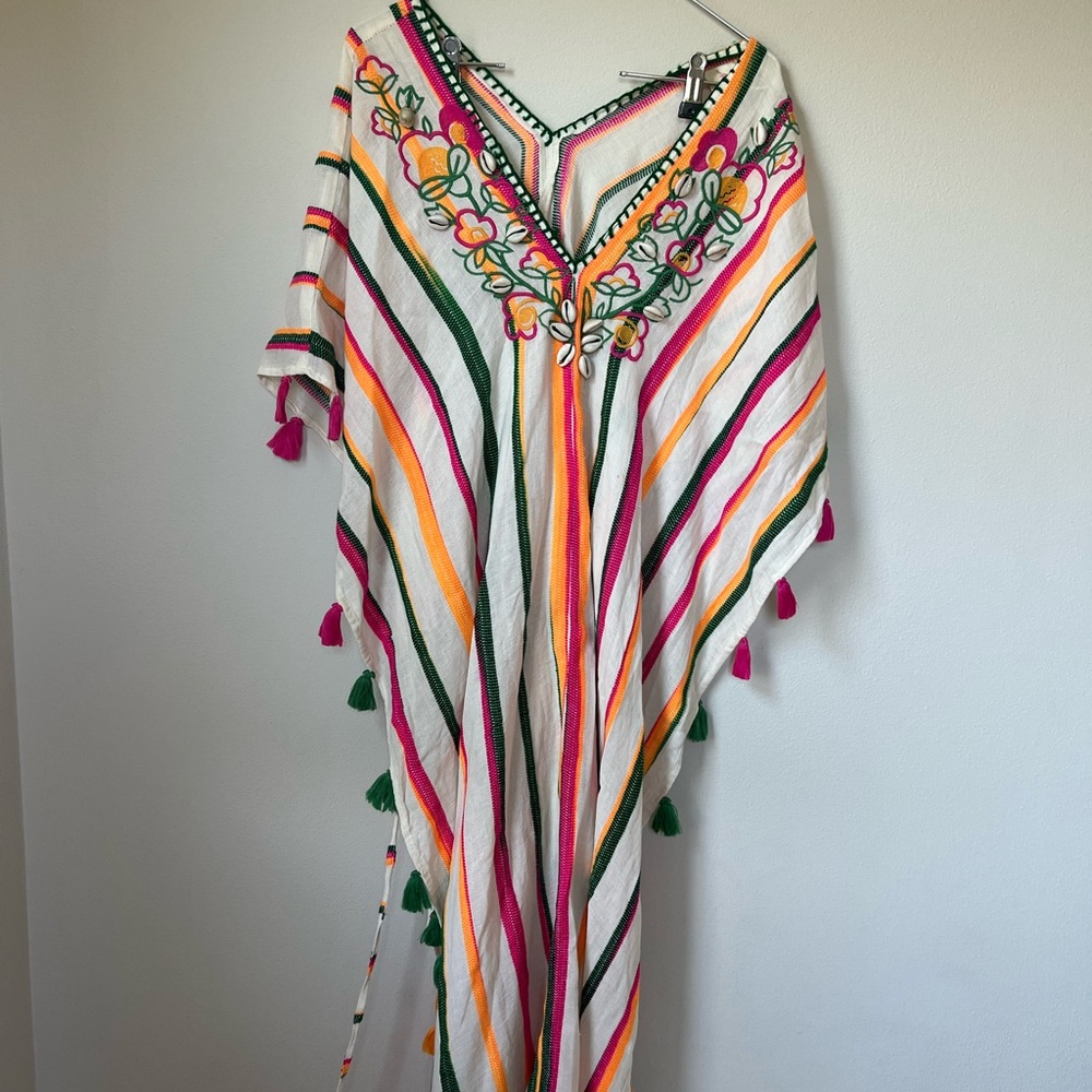 Miss June Paris embroidered beach kaftan with tassels and shells